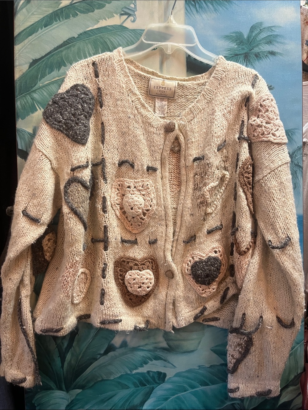 Vintage 90s Express Cream Crochet Heart Patch Button-Front Cardigan large